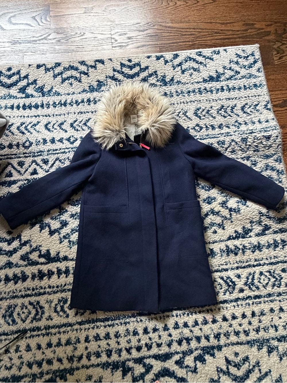 Crew Cuts Navy Wool-Blend Coat with Faux Fur Trim